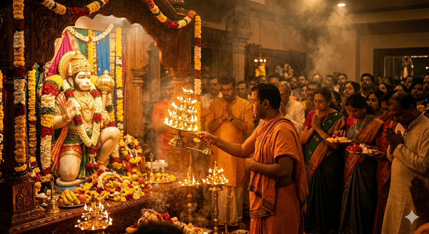 Golden oil lamp being offered in devotion before Shri Hanuman — original AI illustration for Hanuman Aarti