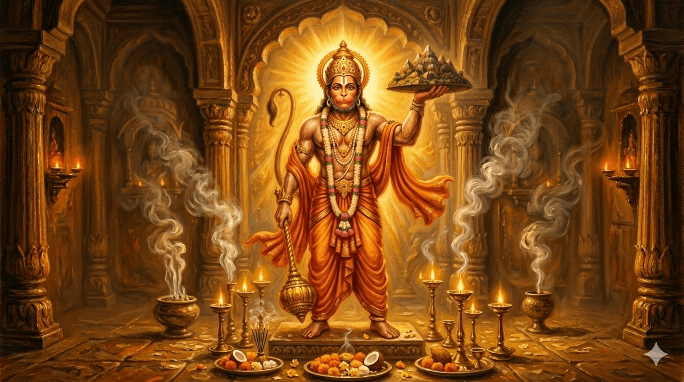 Shri Hanuman seated in devotion, golden divine light surrounding him — original AI illustration
