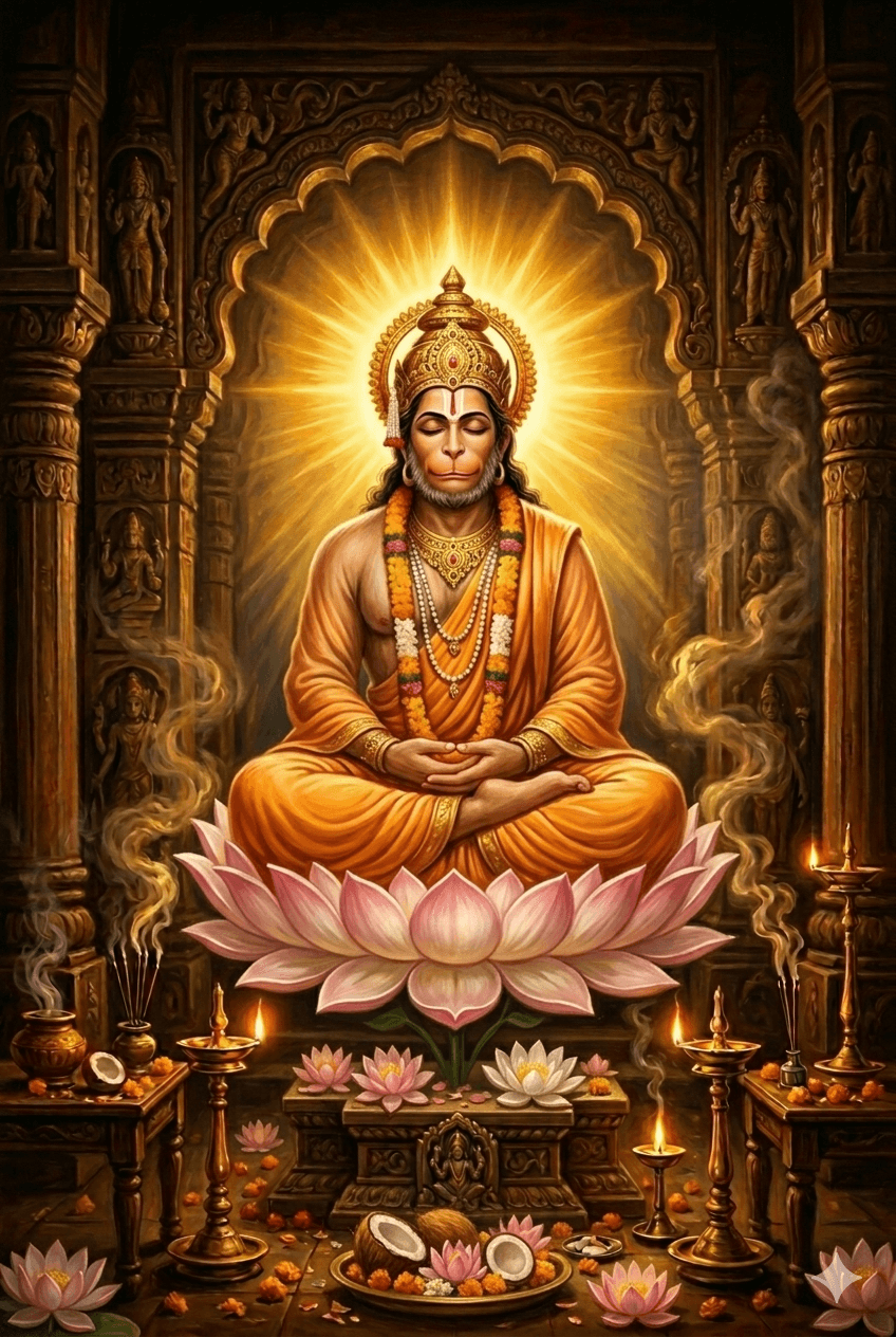 Shri Hanuman performing miraculous deeds with divine energy — original AI illustration for Hanuman Ashtak