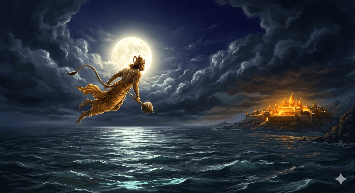 Shri Hanuman leaping across the ocean toward Lanka — original AI illustration for Sundarkand