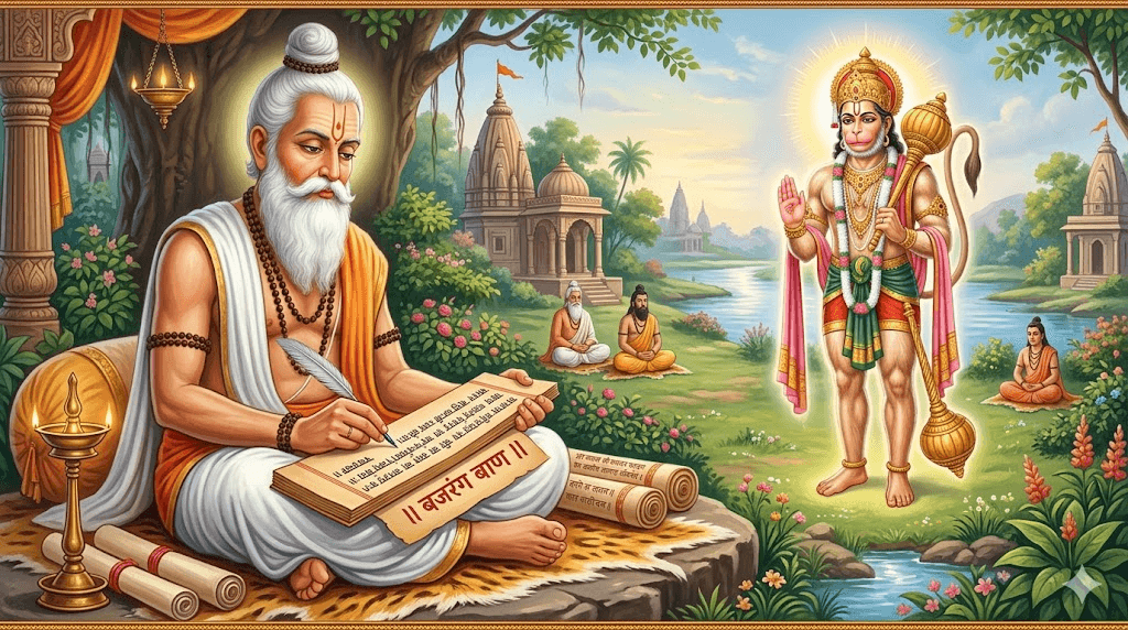 Tulsidas writing by lamplight in his chamber in Varanasi, with a divine light suggesting Hanuman's presence