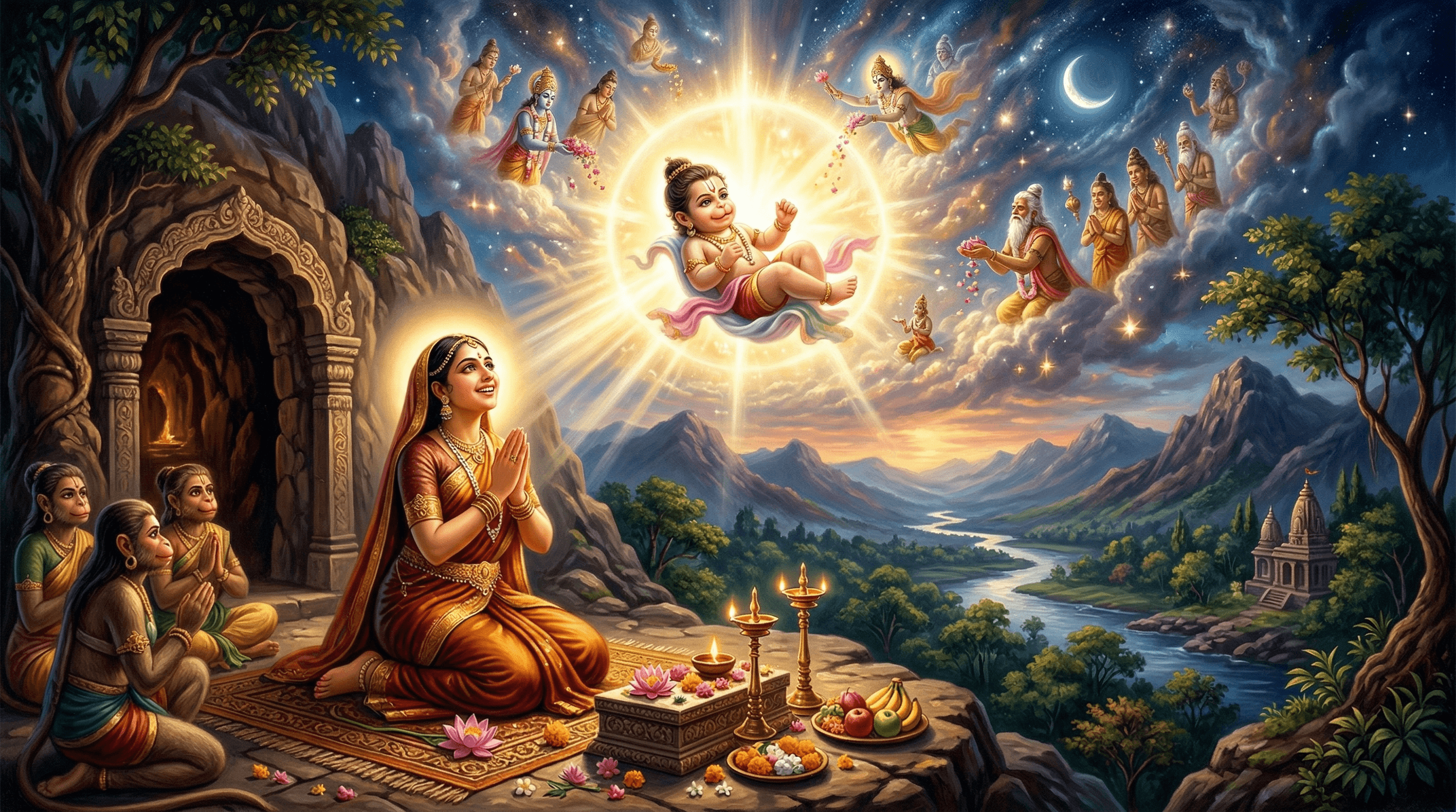 Mata Anjana receiving the divine blessing, with the radiance of the newborn Hanuman illuminating the sky