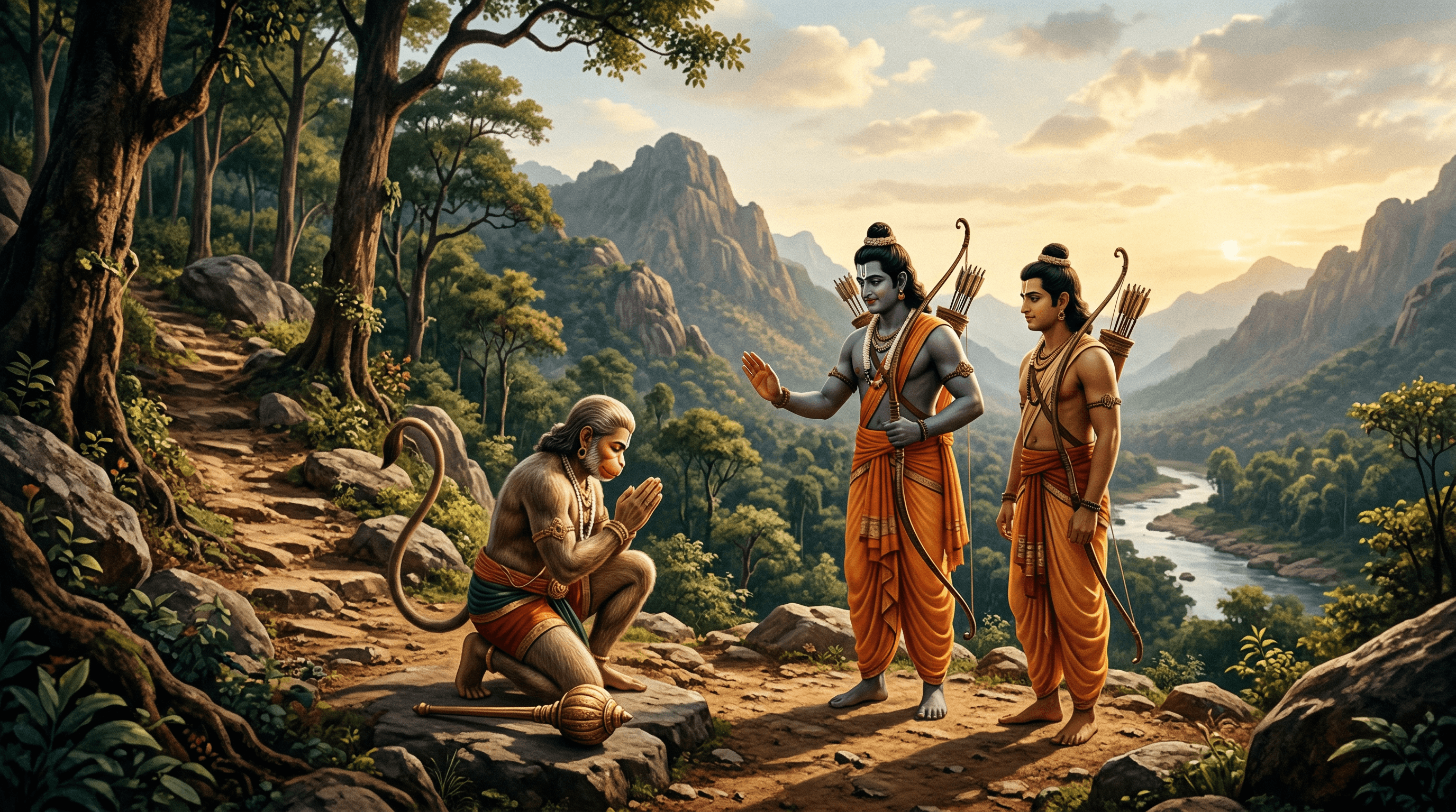 Hanuman folding his hands in reverence before Shri Rama and Lakshmana on the slopes of Rishyamukh mountain