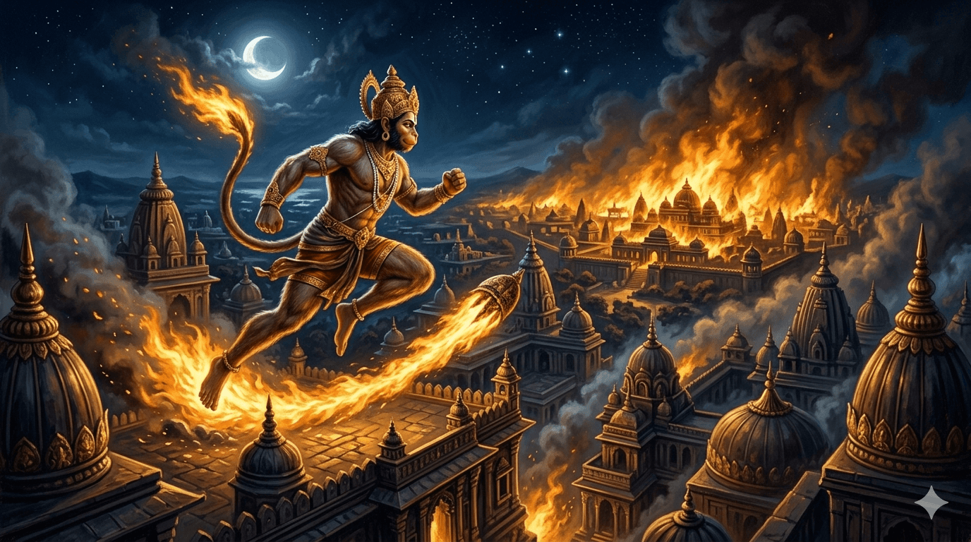 Hanuman with his tail ablaze leaping across the golden rooftops of Lanka at night
