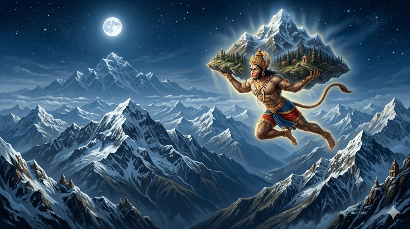 Hanuman flying through the night sky carrying the entire Dronagiri mountain, its herbs glowing in the darkness