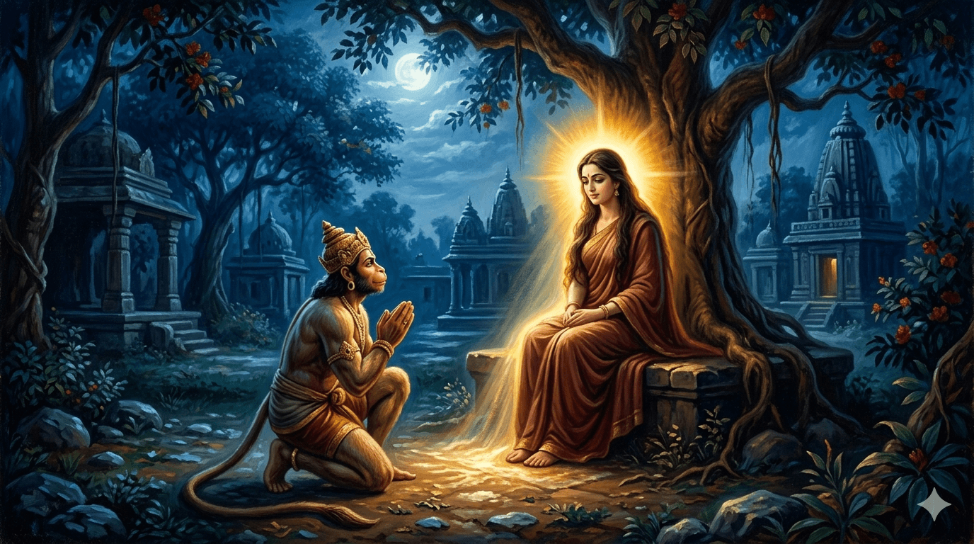 Hanuman bowing before Mata Sita beneath the great Shimshupa tree in Ashok Vatika, presenting Shri Rama's ring