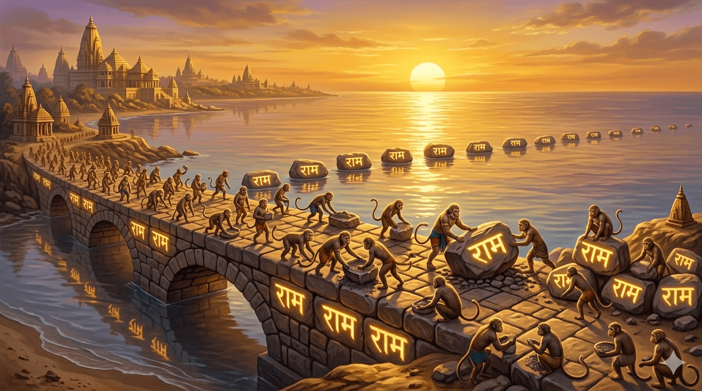 Vanara soldiers writing Ram Naam on stones at the ocean shore, the stones floating on the water as the bridge begins to form