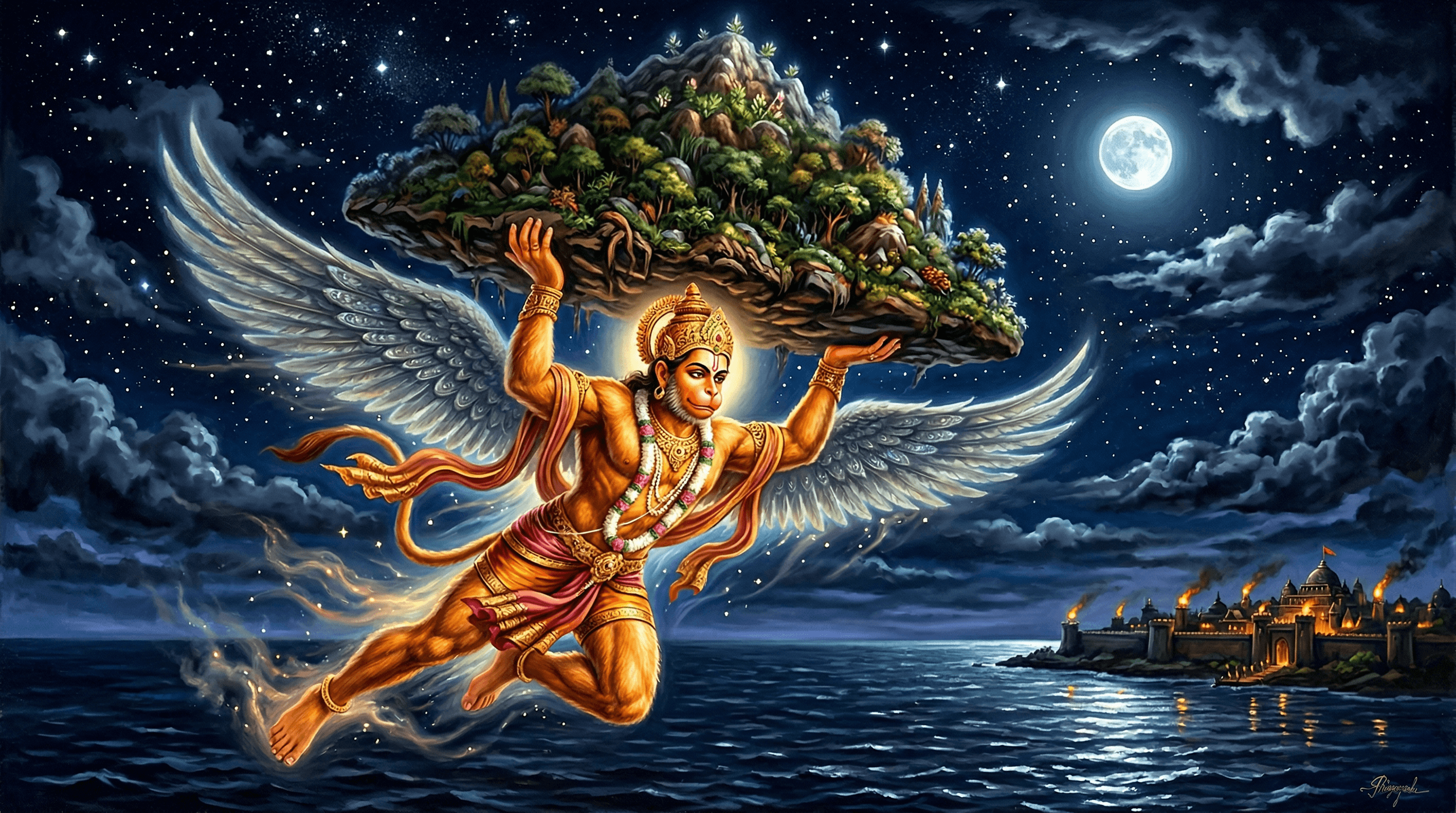 Hanuman lifting the Dronagiri mountain with both hands, flying through the night sky toward Lanka to save Lakshmana